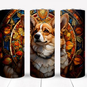 Corgi Tumbler, 20 oz Stainless Steel SS Skinny Tumbler, Gift for Corgi Lover, Gift for Corgi Owner, Gift for Dog Owner, Stained Glass SC02