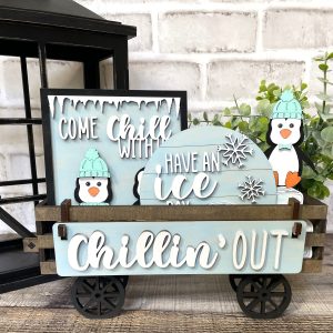 Chillin' Out Penguins Interchangeable Shelf Sitter, Wood Wagon, Raised Shelf, Wood Crate, Mantel Decor, Shelf Sitter, Winter Decor,