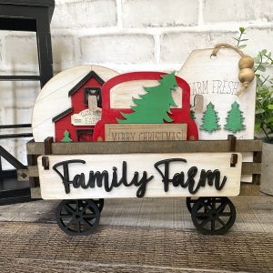 Family Farm Christmas Interchangeable Shelf Sitter, Wood Wagon, Raised Shelf, Wood Crate, Mantel Decor, Shelf Sitter, Christmas/Winter Decor