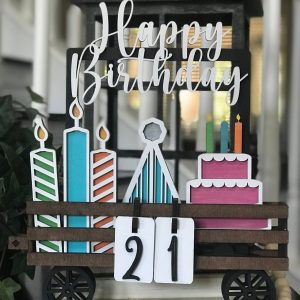 Happy Birthday Interchangeable Shelf Sitter, Wood Wagon, Raised Shelf, Wood Crate, Mantel Decor, Shelf Sitter, Birthday Party Decor, Any Age