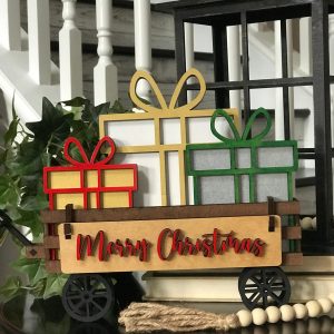 Merry Christmas Presents Interchangeable Shelf Sitter, Wood Wagon, Raised Shelf, Wood Crate, Mantel Decor, Shelf Sitter, Christmas Gifts