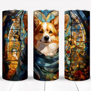 Corgi Tumbler, 20 oz Stainless Steel SS Skinny Tumbler, Gift for Corgi Lover, Gift for Corgi Owner, Gift for Dog Owner, Stained Glass SC03