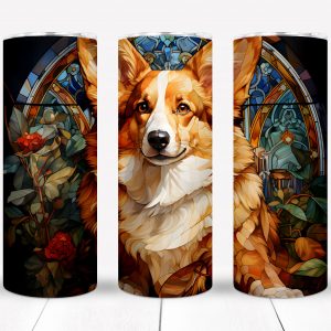 Corgi Tumbler, 20 oz Stainless Steel SS Skinny Tumbler, Gift for Corgi Lover, Gift for Corgi Owner, Gift for Dog Owner, Stained Glass SC04