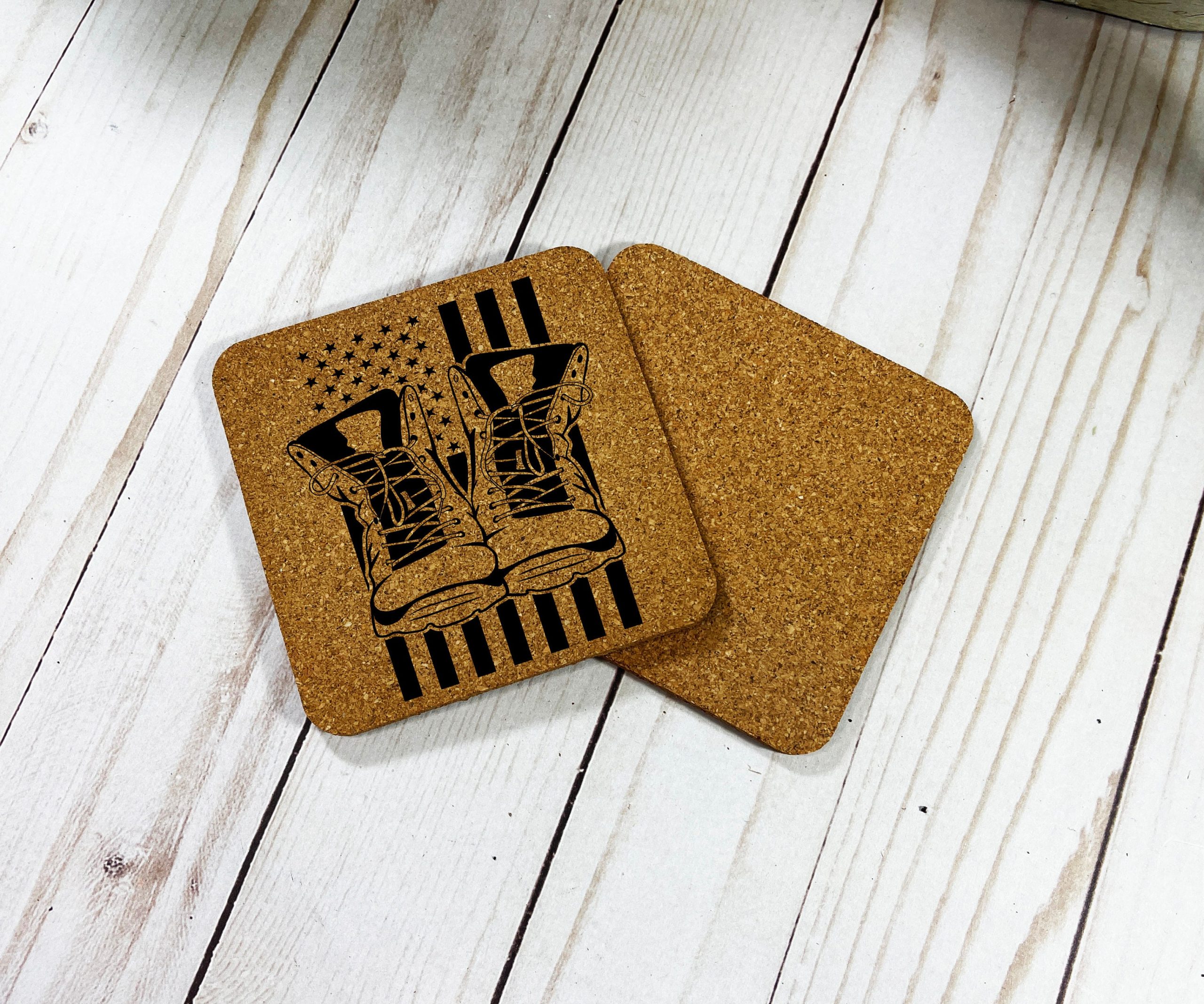 Military Coasters, Boots & Flag Engraving, Veteran Coaster, Military Coasters, Engraved Cork Coasters, Cork Coasters, Coaster Set - Image 2