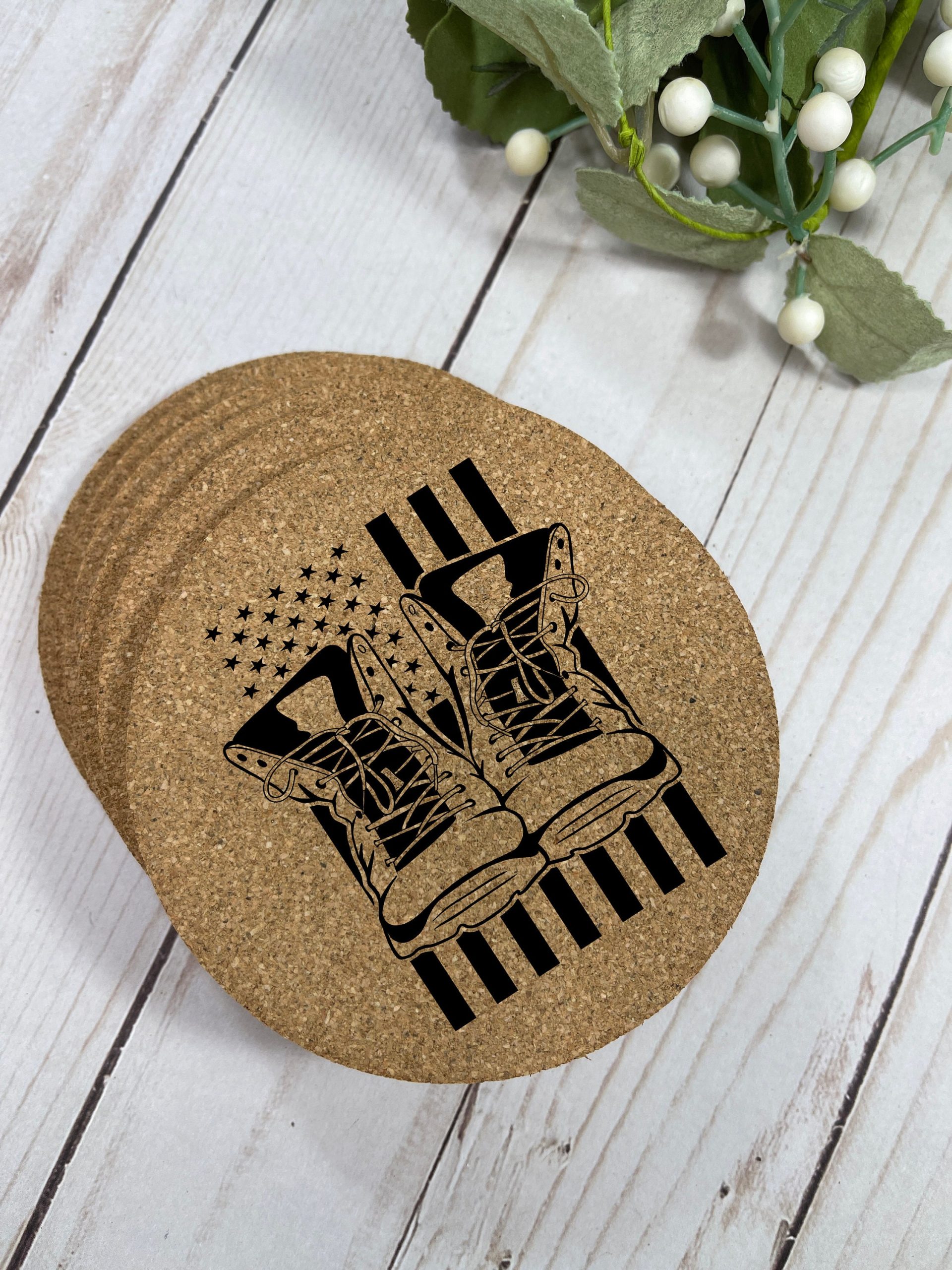 Military Coasters, Boots & Flag Engraving, Veteran Coaster, Military Coasters, Engraved Cork Coasters, Cork Coasters, Coaster Set - Image 5