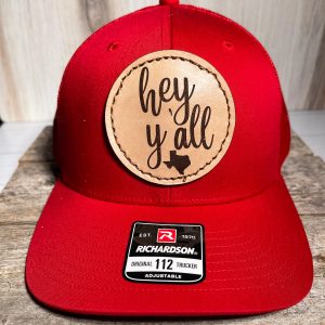hey y'all Texas Pride Real Leather Patch Hat, Sewn On Patch, Laser Engraved Leather Patch, Richardson 112 Snapback Trucker Cap, Trucker Hat