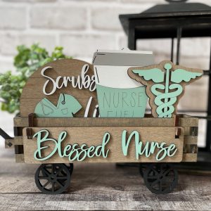 Blessed Nurse Interchangeable Shelf Sitter, Wood Wagon, Raised Shelf, Wood Crate, Mantel Decor, Shelf Sitter, Nurse Gift,