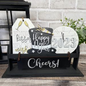 Cheers - Happy New Year Interchangeable Shelf Sitter, Wood Wagon, Raised Shelf, Wood Crate, Mantel Decor, Shelf Sitter, Party Gift