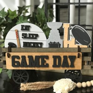 Game Day - Hockey Interchangeable Shelf Sitter, Wood Wagon, Raised Shelf, Wood Crate, Mantel Decor, Shelf Sitter, Athlete Decor - Hockey