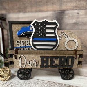 Our Hero Police Interchangeable Shelf Sitter, Wood Wagon, Raised Shelf, Wood Crate, Mantel Decor, Shelf Sitter, Thin Blue Line,  Responder