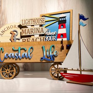 Coastal Life Beach Interchangeable Shelf Sitter, Wood Wagon, Raised Shelf, Wood Crate, Mantel Decor, Shelf Sitter, Beach House Decor