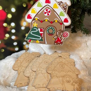 DIY Christmas Gingerbread House Ornament, Paint Yourself,  1/8" Baltic Birch, Gingerbread Boy or Girl, Fun Family Holiday Craft