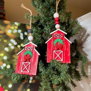 Rustic Red Barn Christmas Ornament, Farmhouse Holiday Ornament,  Ranch Christmas Ornament, Barn Ornament, Wood Barn with Wreath Ornament