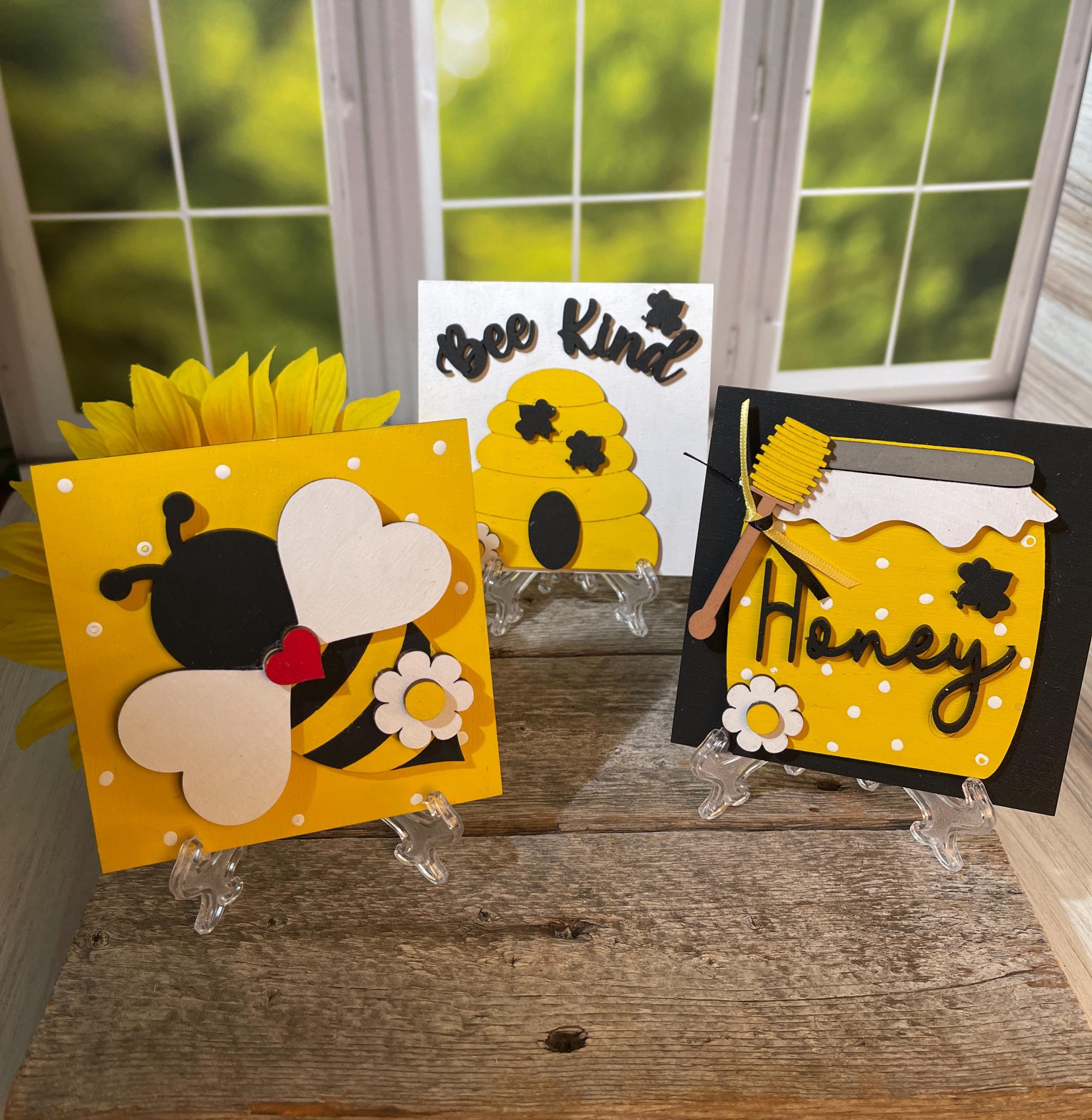 Bee-Themed DIY Wood Kit or Finished Decor – 6"x6" Squares – Honey Pot, Bee Kind Hive, and Queen Bee Herself - Bee Decor, Gift for Crafter