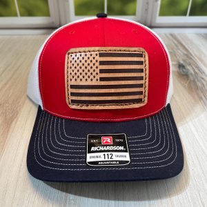 USA Flag Real Leather Patch Hat, Sewn On Patch, American Flag Patch, Laser Engraved Leather Patch, Richardson 112 Snapback Cap, Trucker Hat