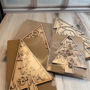 DIY Unpainted Wood Christmas Tree Set, 4 Piece Holiday Craft Kit, Laser Cut Decorative Trees, For Tiered Tray, Mantel, or Tabletop Decor, "B