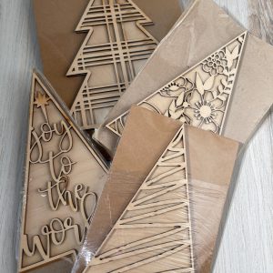 DIY Unpainted Wood Christmas Tree Set, 4 Piece Holiday Craft Kit, Laser Cut Decorative Trees, For Tiered Tray, Mantel, or Tabletop Decor, "C