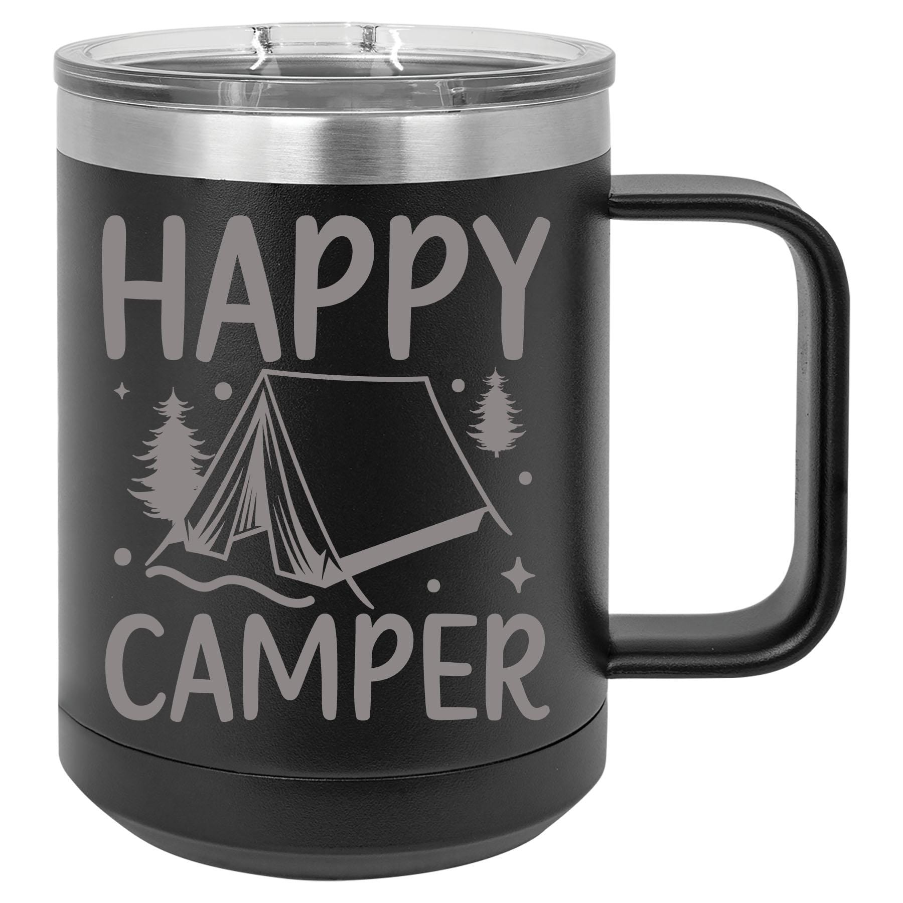 Happy Camper Coffee Mug, Stainless Steel Engraved Cup, Monogram Travel Mug, Insulated Camping Mug, Ceramic Coffee Cup, Gift for Campers