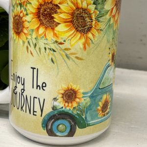 Enjoy The Journey Coffee Cup, Sunflowers & Vintage Truck on Coffee Mug, Gift For Self, Gift For Friend, Coffee Cups 11 or 15 Oz Ceramic Mug
