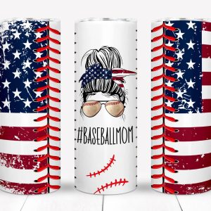 Baseball Mom Tumbler with Lid, Stainless Steel Skinny Tumbler, 20 oz tumbler, Gifts for Mom, Baseball, Flag Stitching, American, Patriotic