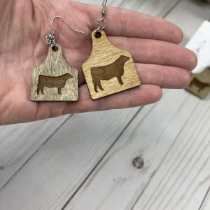 Ear Tag Earring with Engraved Steer, Livestock Tag Earring, Wood Earring, Western Jewelry, Livestock Show Jewelry, Farmhouse, Ranch Jewelry