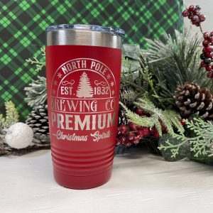 North Pole Brewing Co., Christmas Theme 20 Ounce Stainless Steel SS Double Wall Tumbler w/Clear Lid, Coffee Cup, Drink Tumbler, Travel Mug